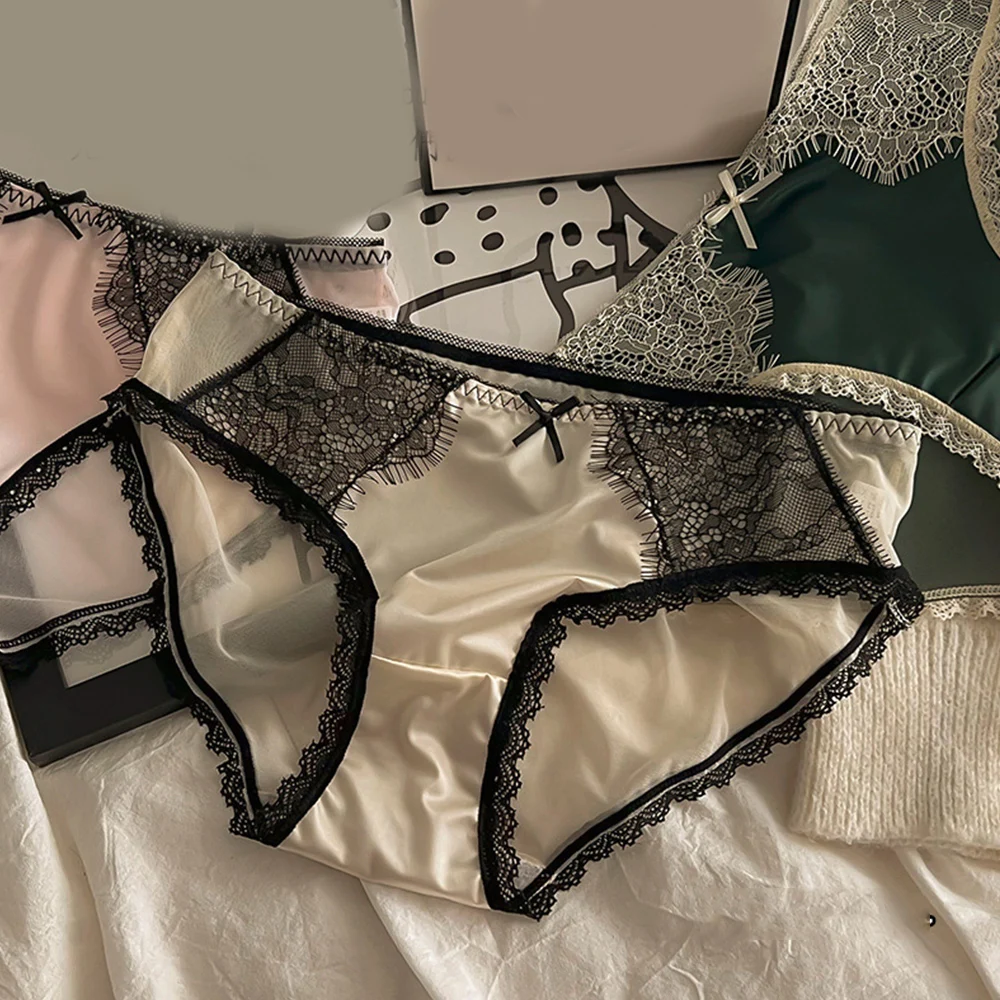 Vintage Satijn Slipje Ademend Ondergoed Vrouwen Franse Sexy Kanten Strik Lingerie Vrouw Mid-Taille Dunne Mesh Slips Nieuw Sexy