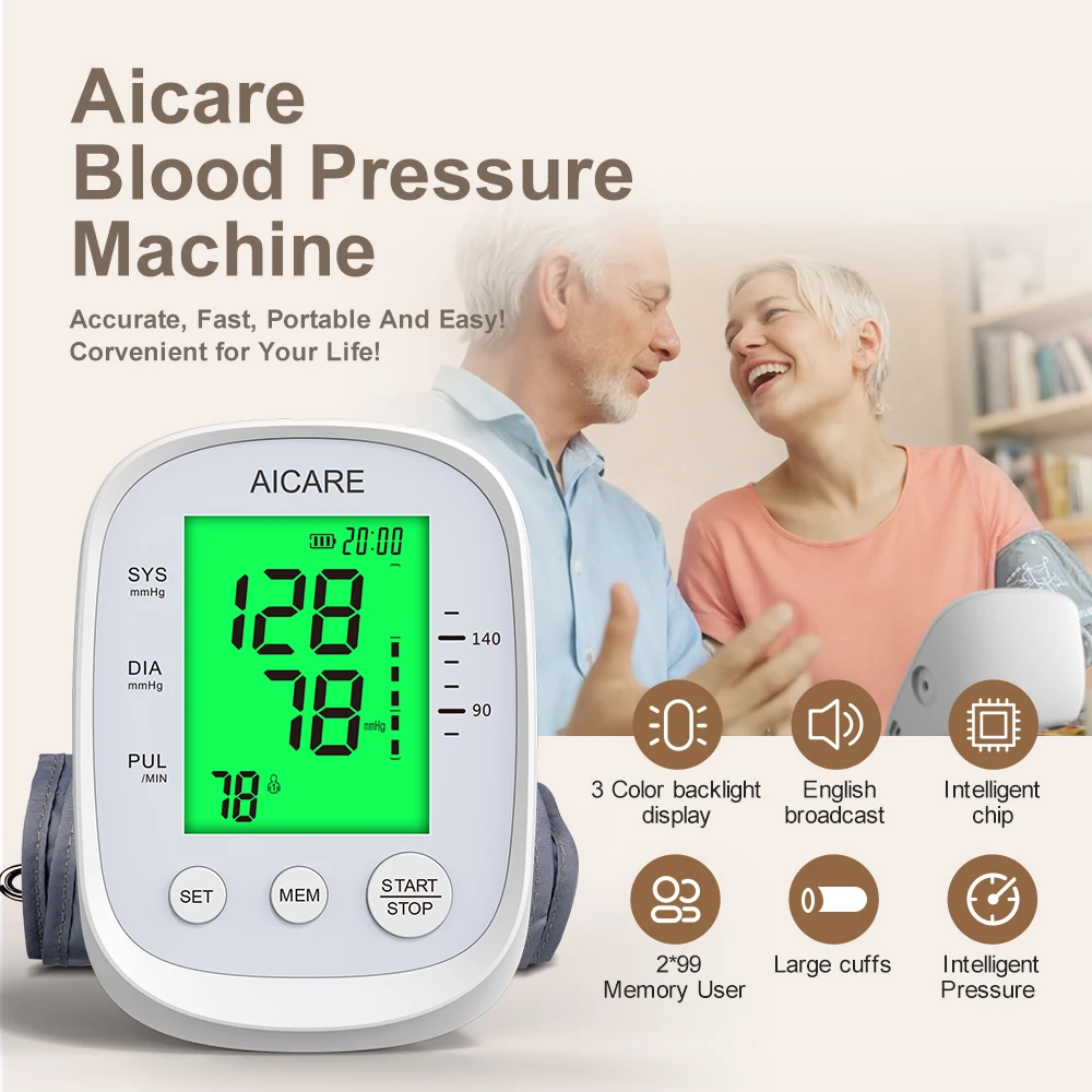 AICARE Blood Pressure Monitor Upper Arm Blood Pressure Meter Digital Tonometer Automatic BP Medical Sphygmomanometer Pulse