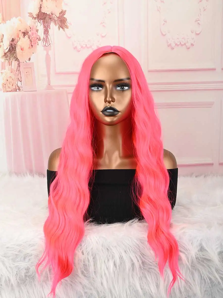 Long Wavy Middle Part With No Bangs Synthetic Fiber Curly Fashion Women Party Cosplay Wig (Light Pink)