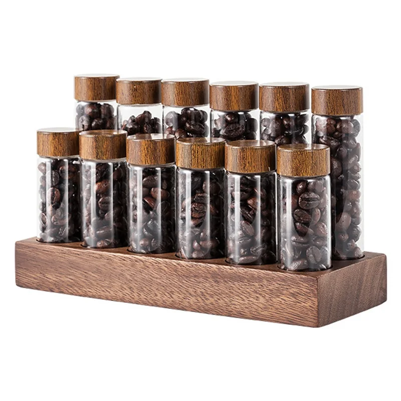 

ABZC-Wooden Stand Coffee Beans Storage Tubes 12 Testing Tube Holder Single Dose Coffee Bean Glass Container