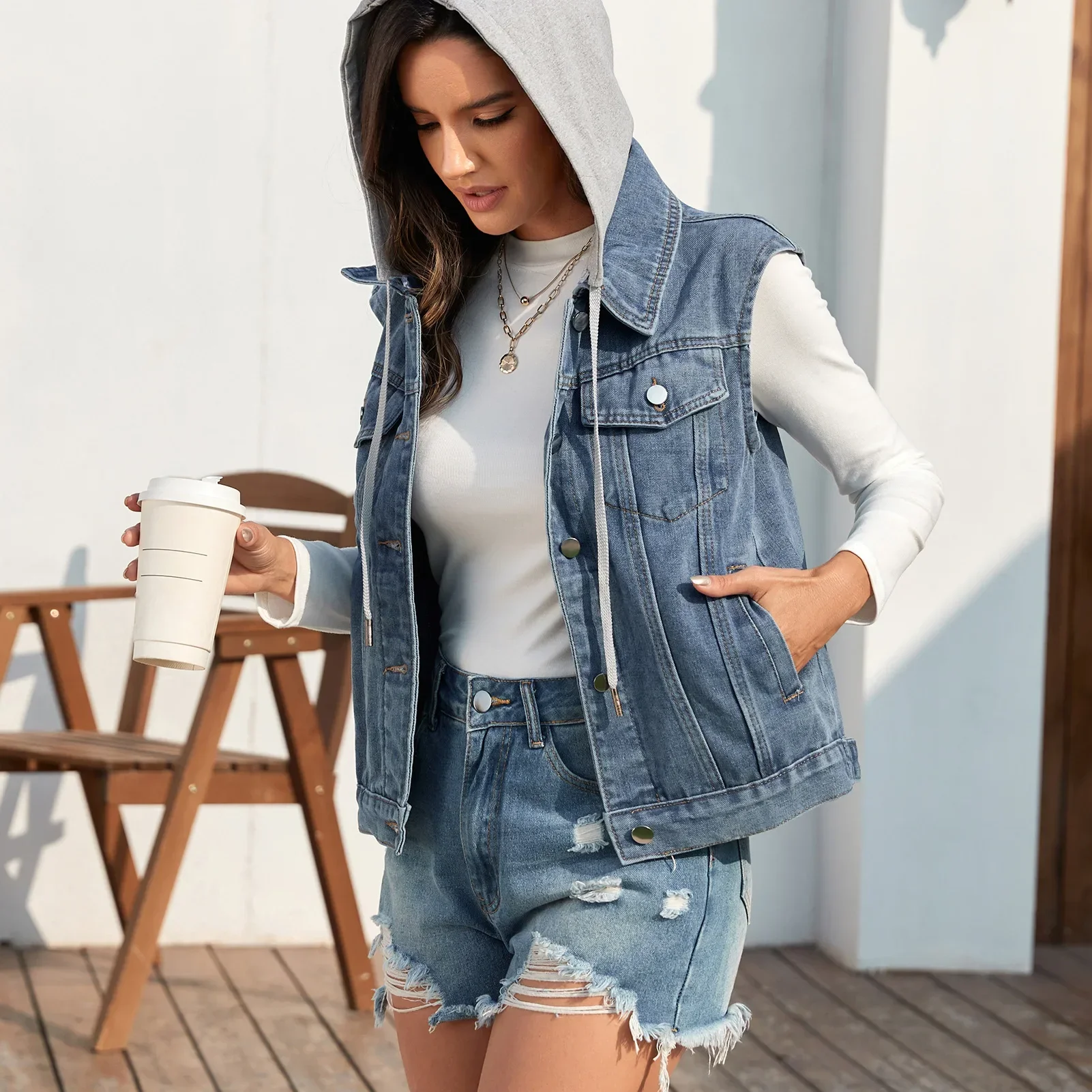

Women Vests Spliced Hooded Draw String Jackets Single Breasted Denim Coat Sleeveless Cardigan Button Casual Pockets Loose