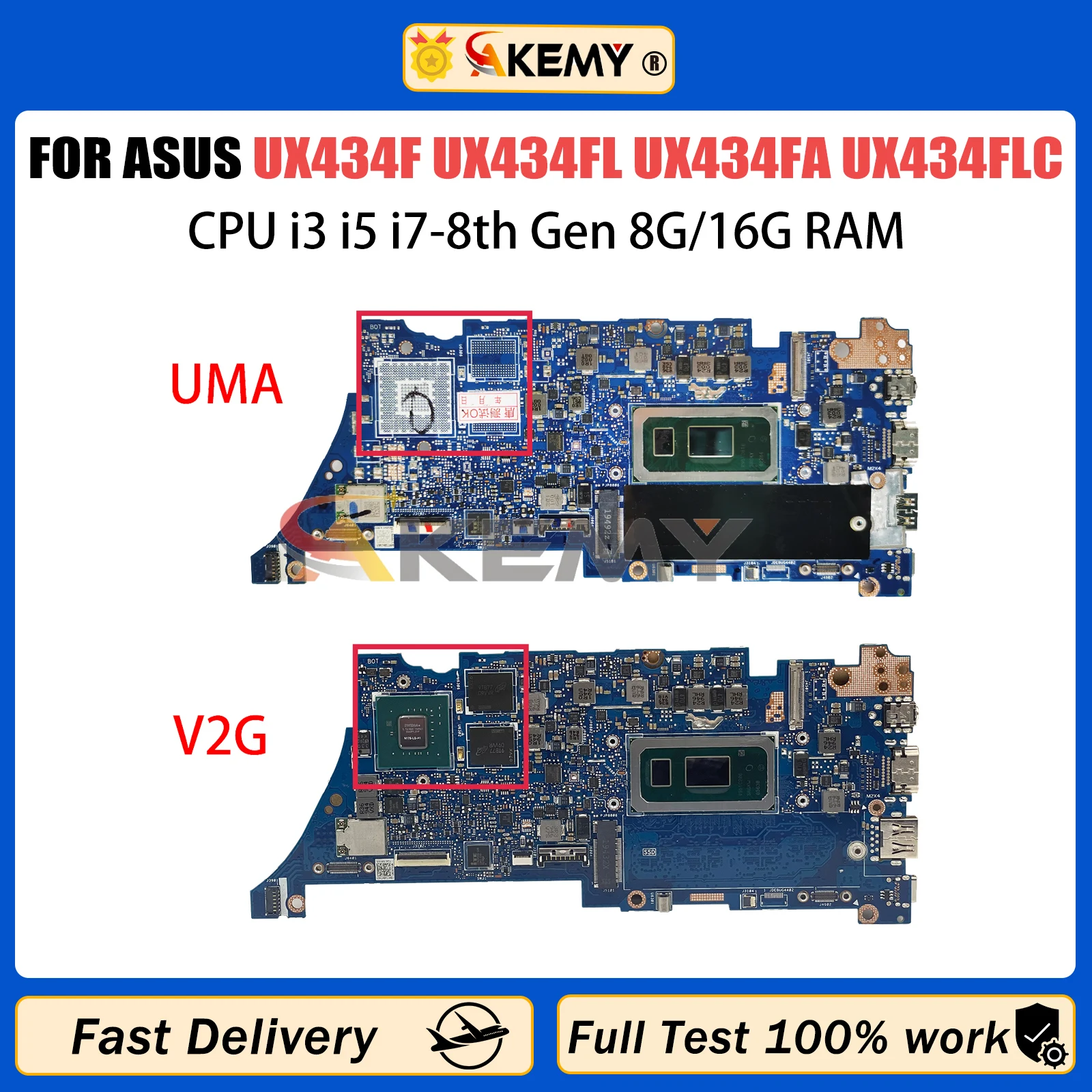 

AKMEY UX434F Motherboard For ASUS UX434FL UX434FA UX334FL UX334FA UX434FLC UX463FL U4600F UX434 Mainboard i5 i7 CPU 8G/16G RAM