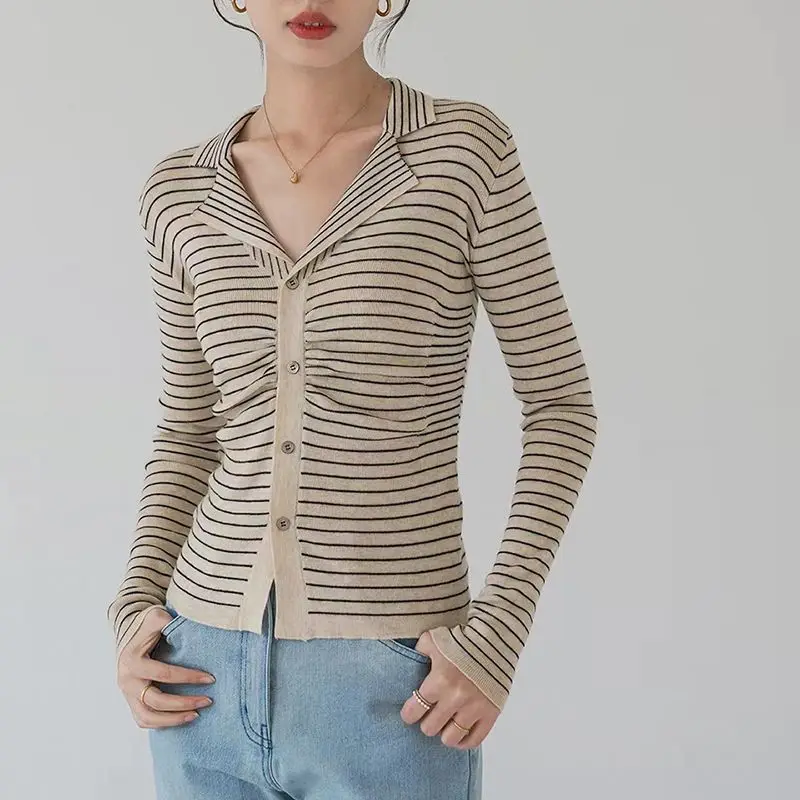 Vintage Striped Knitting Cardigan Female Autumn New Turn-down Collar Long Sleeve Slim Top Tee Women\'s Fashion All-match Sweater