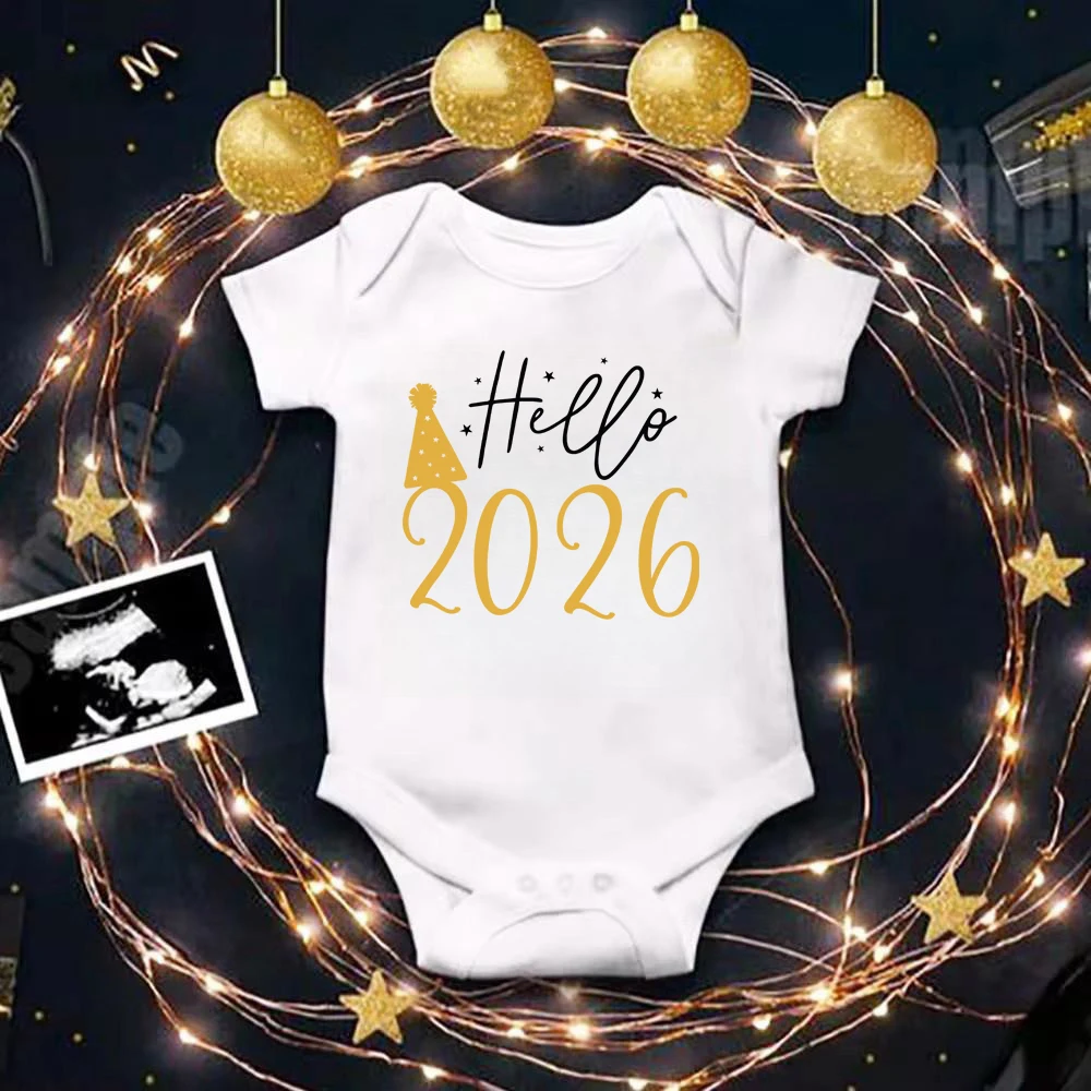 

Hello 2026 Newborn Baby Bodysuit Cotton Short Sleeve Infant Rompers Body Baby Boys Girls New Year Ropa Clothes Christmas Gift