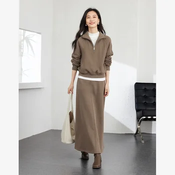 VIMLY Sport Sweatshirt Skirt 2 Piece Sets Women's Office Lady Outfit Autumn Winter Casual Pullover Top Elastic Waist Skirt Suit