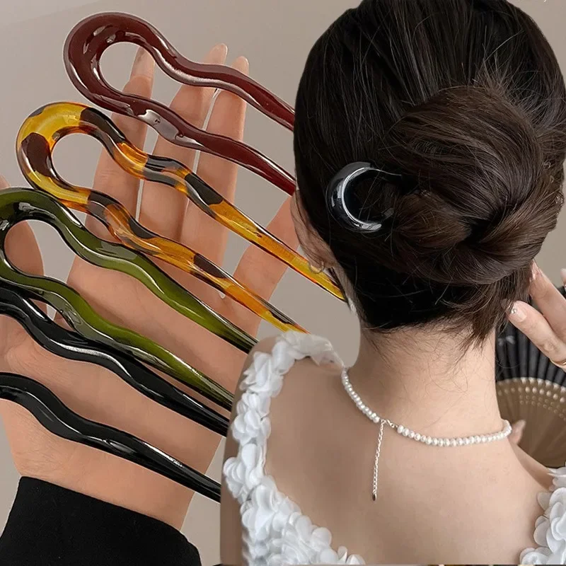 1/4pcs French Twist Hair Stick Hair Clip Acetate Wavy U-Shaped Hairpin Tortoise Shell Women Hair Bun Pin Headwear Accessories