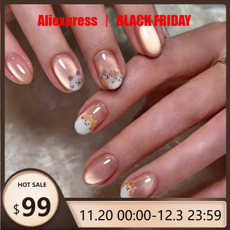 

30pcs Press on Nails Cat Eye Cartoon Design False Nail for Women&Girl Short Oval Full Coverage Nail Tips Removable Wearable Nail