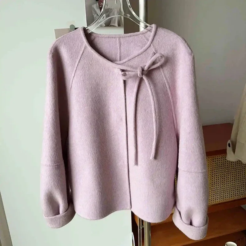 

Модное черное пальто из искусственной шерсти, женское корейское утолщенное повседневное пальто с бантом на шнуровке Y2K, осенняя свободная уличная одежда, женская смешанная верхняя одежда