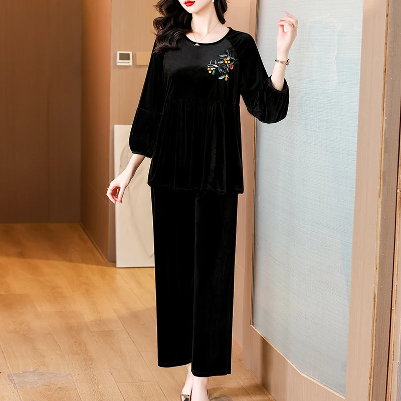 Womens Autumn Jumpsuit 2024 Spring New Style Temperament Velvet Falling Feeling Long Sleeve Romper Wide Leg Pants Suit For Women