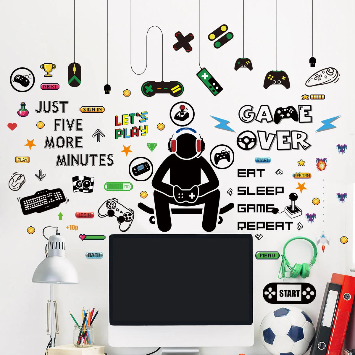 Gaming Wall Sticker, Game Peripheral Graffiti Stickers, Boy Bedroom Decoration, Gamer Wall Sticker PVC Self-adhesive