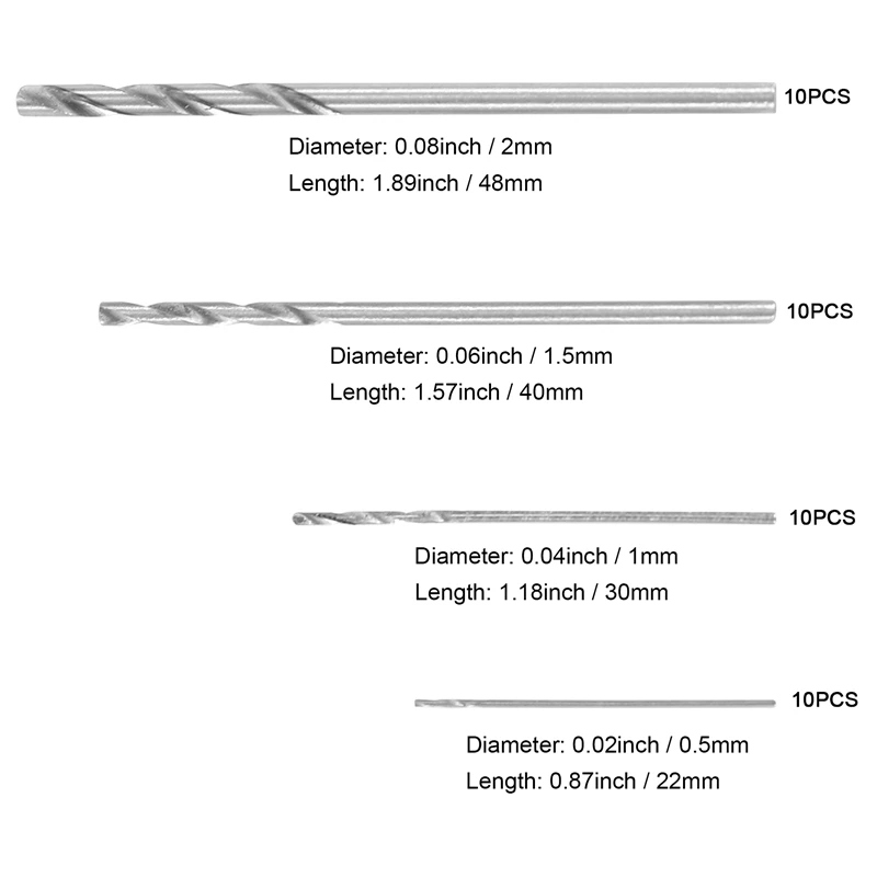 Jeu de mini-forets hélicoïdaux à tige droite, HSS, PCB, 0.5mm-2.0mm, 40 pièces