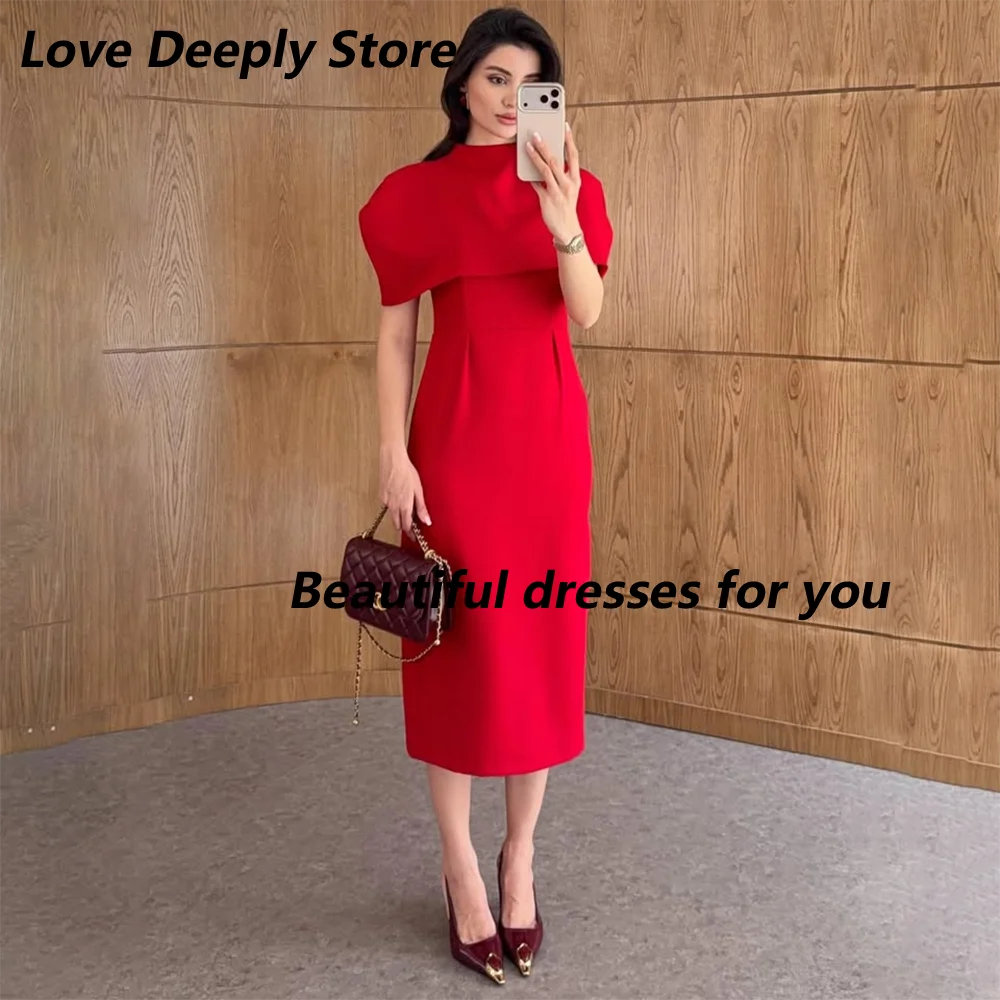

Simple Red Midi Evening Dress Customized High Neck Short Sleeves Tea Length Straight Prom Gown Elegant Back Slit Party Dress