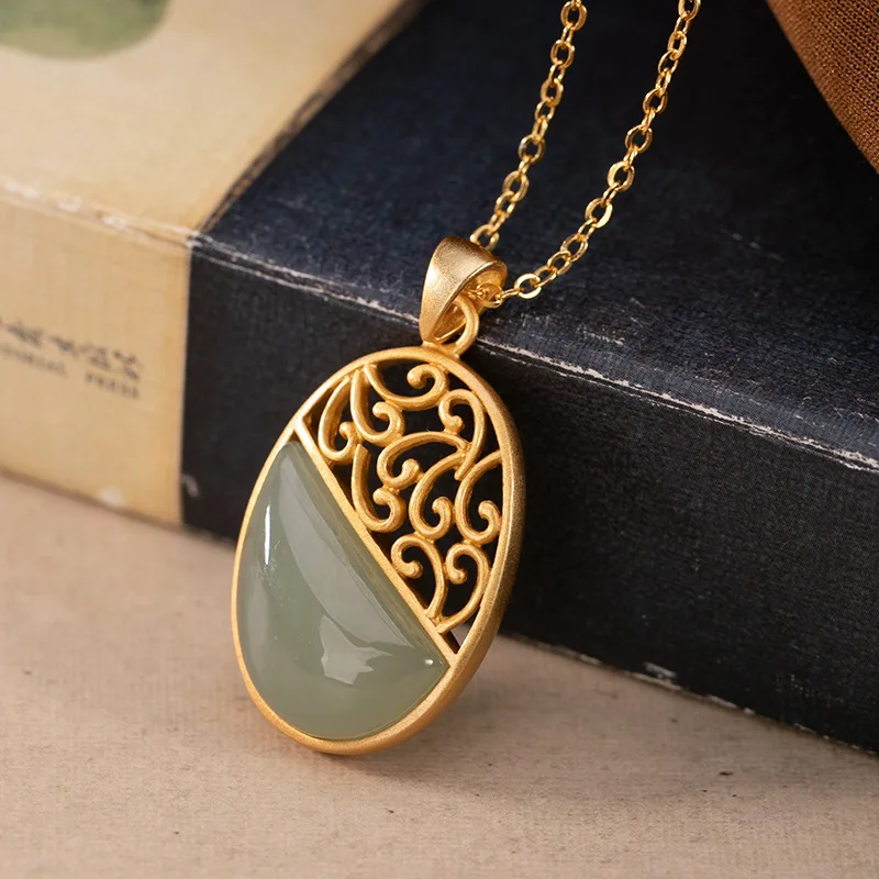 Newsilver inlaid natural Hetian Sapphire Pendant Necklace Chinese national retro palace style hollowed out charm women's jewelry