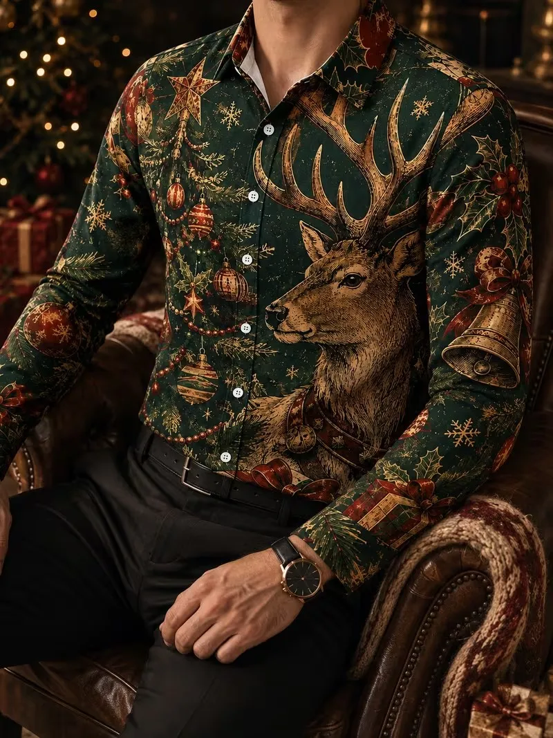 New men's retro Christmas long sleeved shirt, dark green reindeer Christmas tree gift printed lapel holiday top