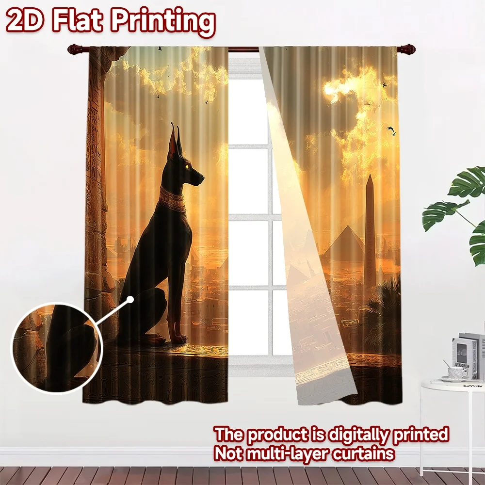 2D flat printing 2pcs Window Treatment Curtains Anubis Egyptian Dog Pyramids Sunset Digital Printed Polyester Drapes Seasonal