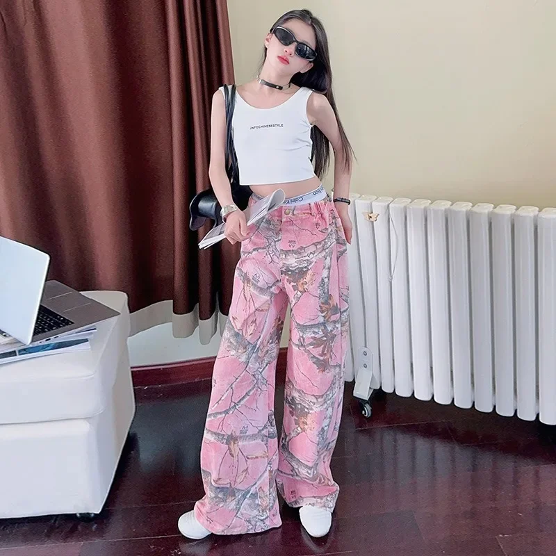 

Girls American Overalls 2025 Spring New Children's Graffiti Camouflage Loose Straight Pants Girls Casual Trousers