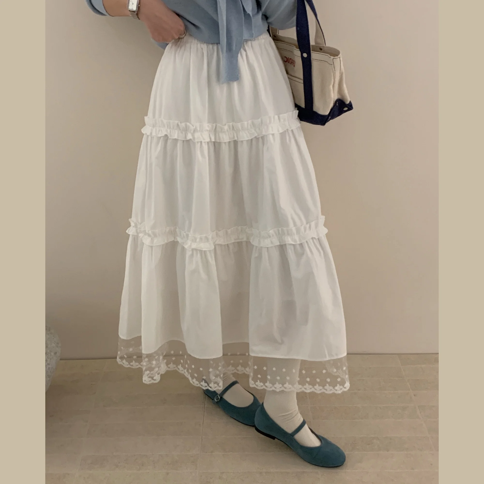 High Elastic Waist Long Skirt for Women Korean Style Streetwear Lace Patch A-line Skirts Female Summer Midi Skirts Female(T3541)