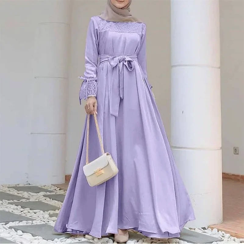 2025 European and American Abaya Femme Solid Color Collage Slim Robe Femme Musulman Large Skirt Casual Women's Dress  Wholesale