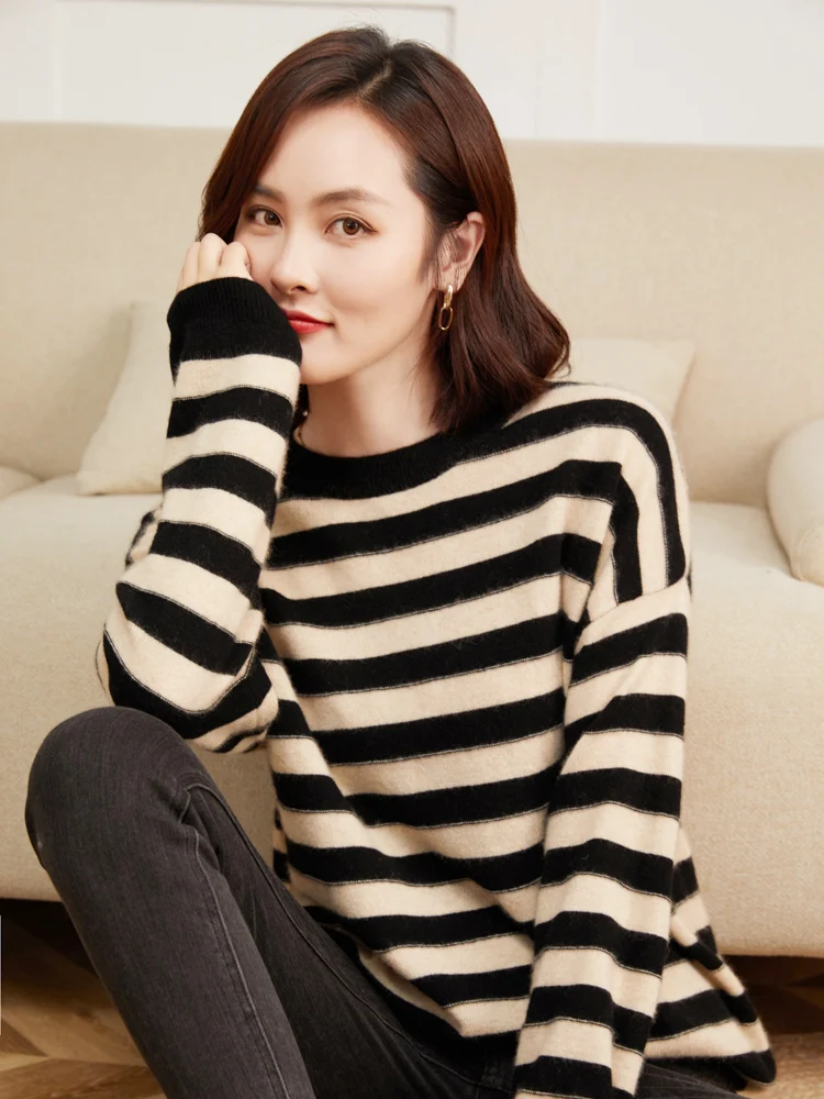 35% Cashmere Women's Round Neck Color Blocked Striped Sweater For Autumn Winter, Casual Fashionable Cashmere Knit Sweater