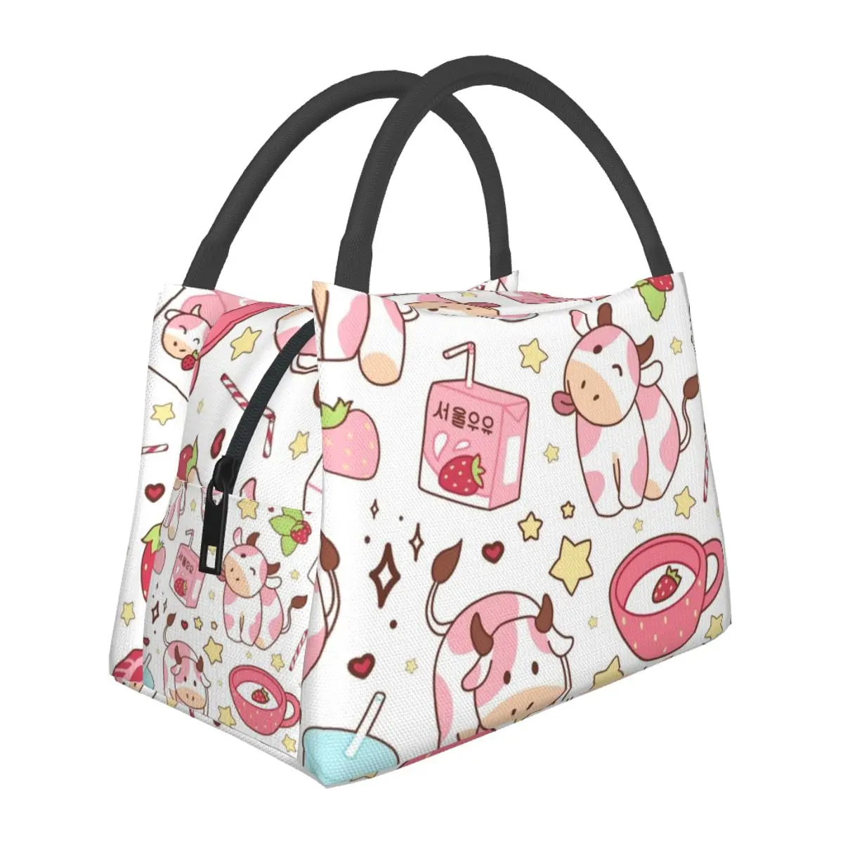 Strawberry Milk Pink Korean Cow Kawaii Cute Lunch Bags Bento Box Lunch Tote Picnic Bags Cooler Thermal Bag for Woman Girl School