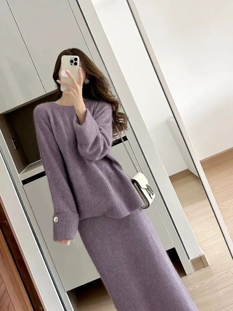 Two Piece Sets Womens Outifits Skirt Sets Lazy Soft Knit Sweater Long Skirts High-end Suits Office Lady Autumn Winter Outerwear