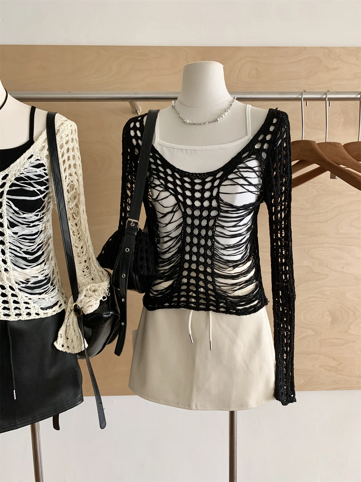 Woman Baddie Style Sweater Tops Dark Academia Goblin Core Long Sleeve Two Piece Sets Hollow Out Pullovers Knitwears Y2k Grunge