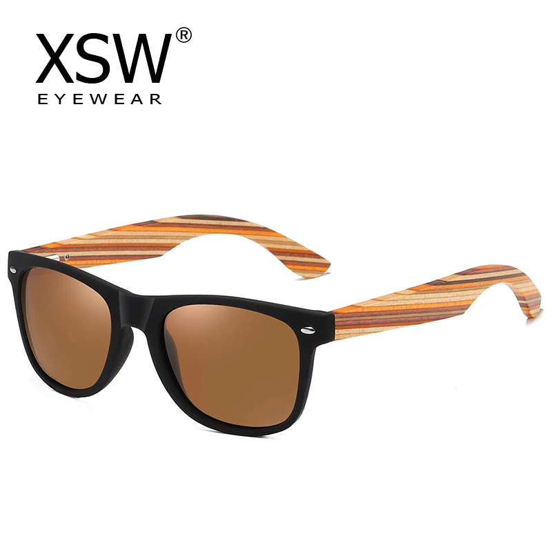 

XSW Wooden Sunglasses Handmade PC Frame With Bamboo Temples Polarized Mirror Fashion Eyewear sport glasses Brown Eyewear 5075C