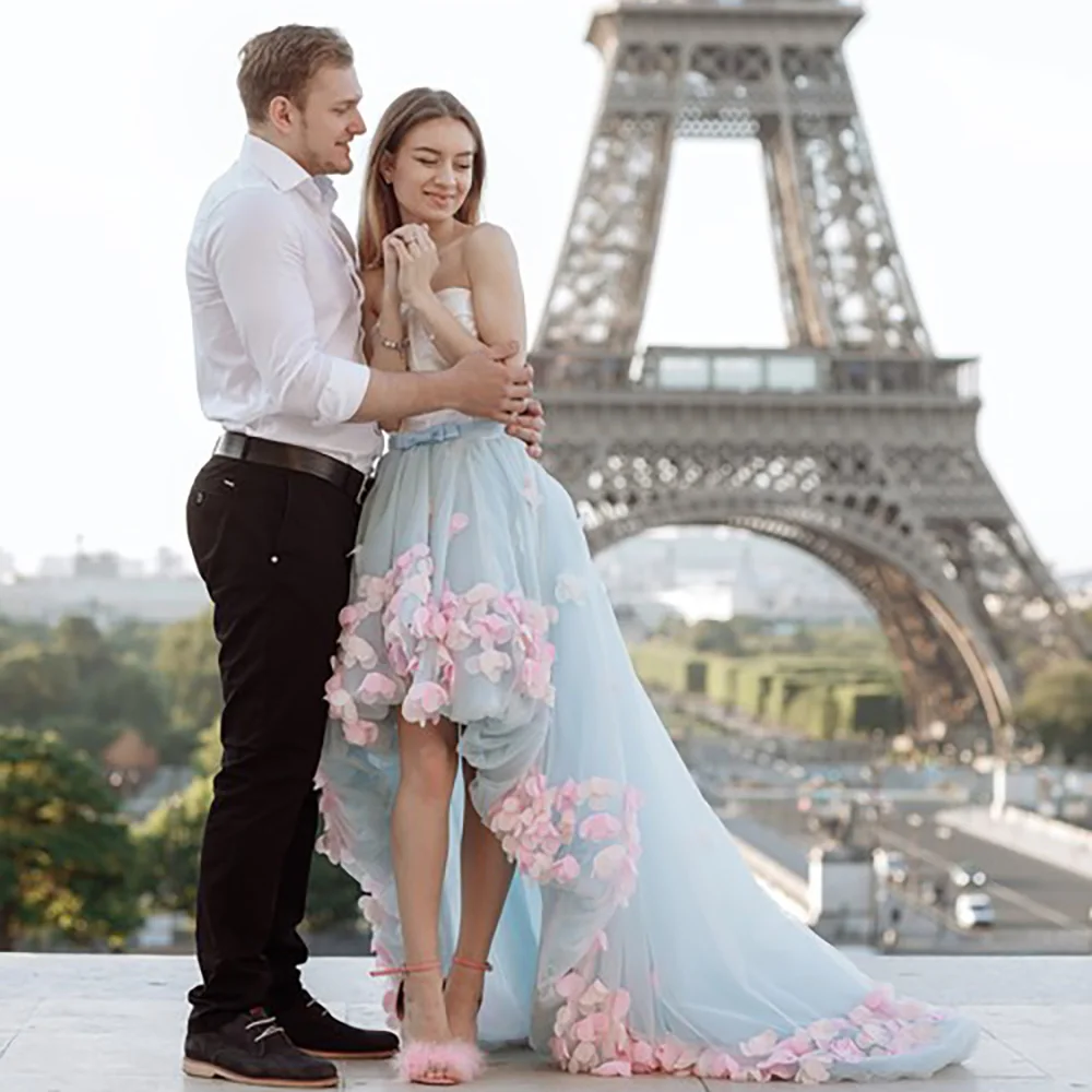 High Low 3D Pink Flowers Wedding Photography Gowns Blossom Strapless Baby Blue Tulle Customized Princess Prom Homecoming Dress