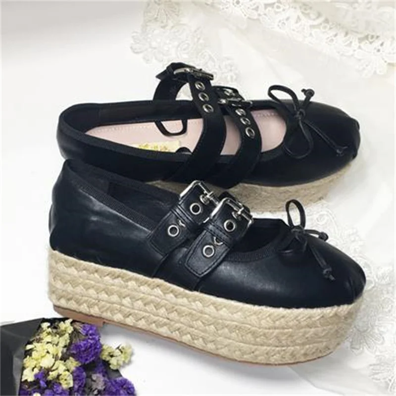 

Belts Buckle Shoes for Ladies Butterfly-knot Female Ballet Increasing High Heels Round Toes Zapatos Mujer Ribbon Women's Pumps