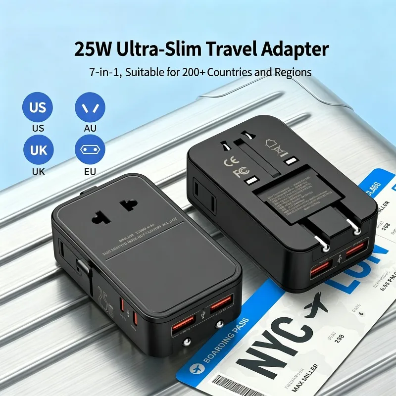 New Ultra-slim 25W Fast-Charging Universal Travel Adapter with 3 AC Outlets – Multifunctional Global Power Converter