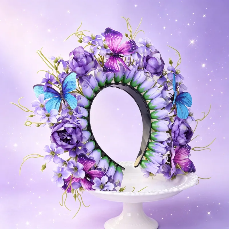 Y2k Fashion Purple Butterfly Lavender Corolla Manor Portrait With Immortal Atmosphere Styling Silk Flower Wreath Headwear Trendy