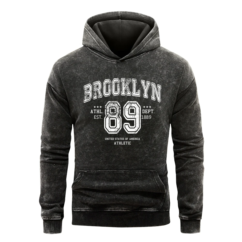 Retro Brooklyn 89 Art Letter Print Men Washed Hoodies Cotton Oversize Hoody Distressed All-Match Hooiey Funny Trendy Streetwear