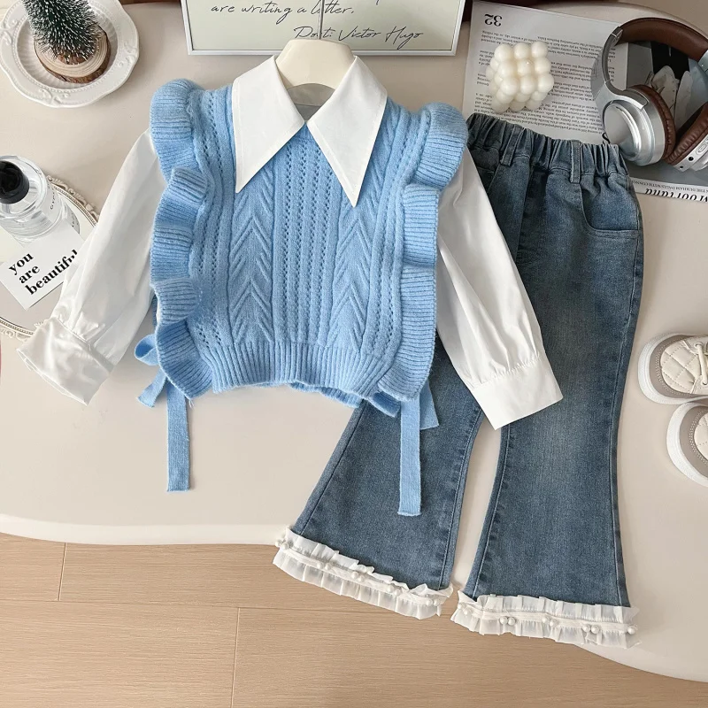 

Girls' Outfit New Autumn Children's Stylish Knitted Vest+Shirt+Denim Pants Three-Piece Set Wholesale