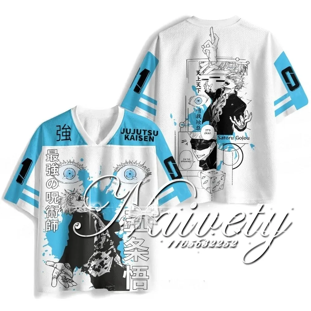 Summer New Jujutsu Kaisen Satoru Gojo 3D Print Quick Dry V Neck Jersey, Breathable Sports Tee, Unisex Cool Manga Anime T-shirt