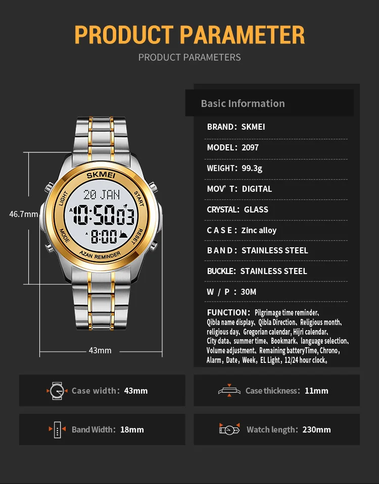 Orologi elettronici da uomo Orologio digitale da uomo musulmano Azan in acciaio inossidabile per uomo Preghiera con bussola Qibla Calendario Hijri gregoriano