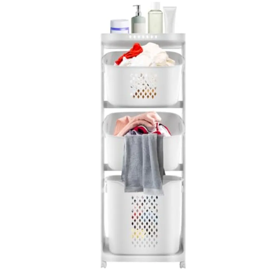 

3-Tier Rolling Laundry Hamper Cart with Wheels, Vertical Laundry Hamper Basket Sorter Clothes Storage Organizer White Laundry B