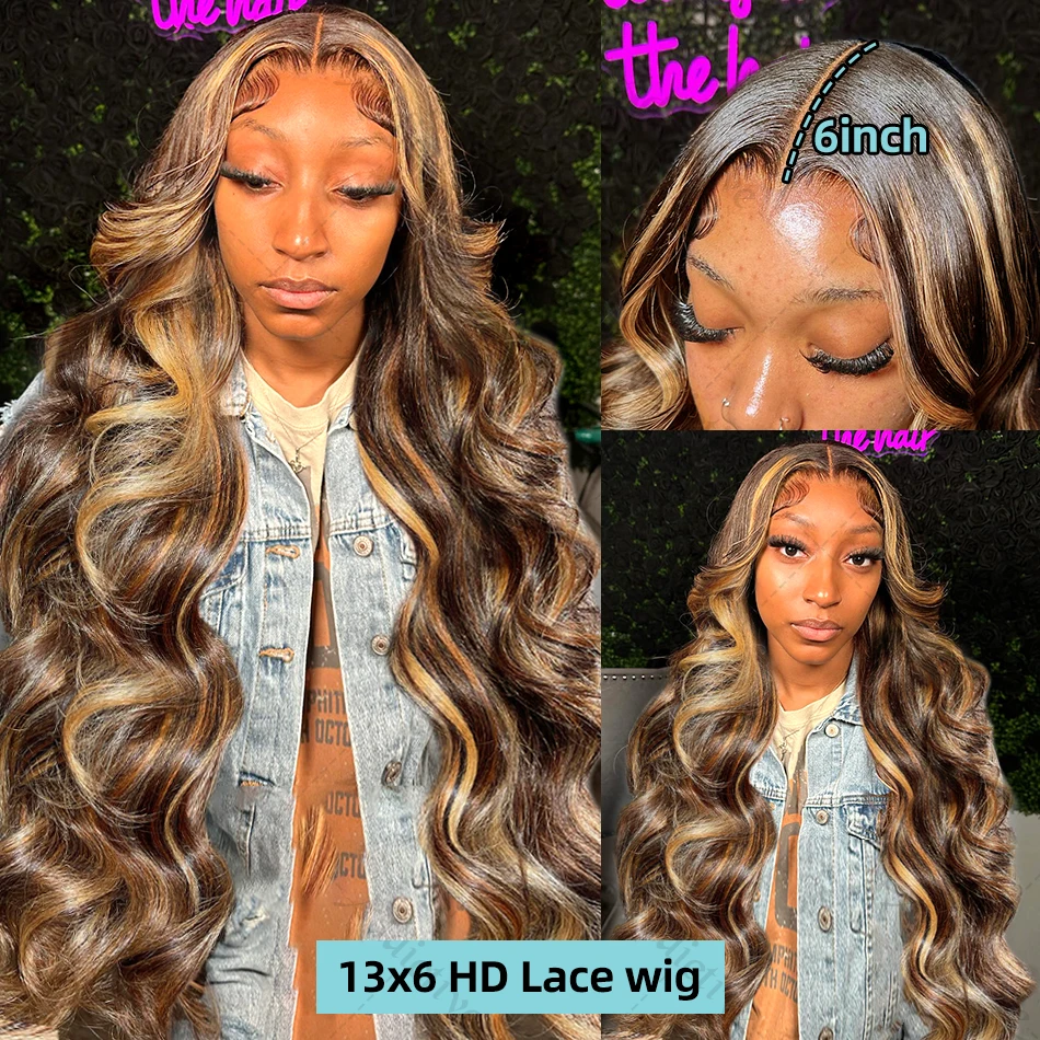 30 40 дюймов 4/27 Highlight Body Wave 13x4 Человеческие волосы Кружевные фронтальные парики 250 Плотность Цветной Ombre 13x6 HD Парик фронта шнурка для женщин