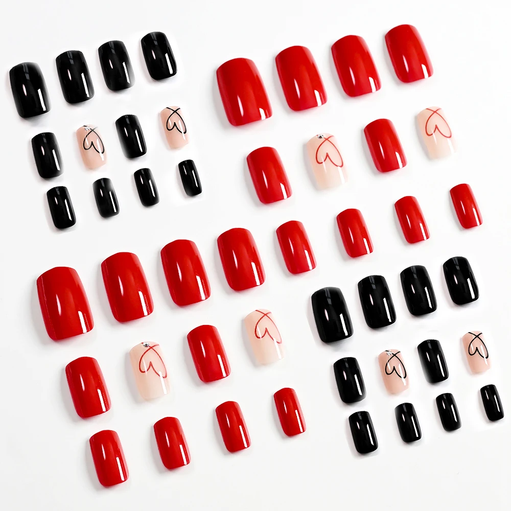 

2Box/48pcs Red+Black Short Square Coffin Heart Design Fake Nails For Valentine's Day Women Sexy Simple Full Cover Press On Nail