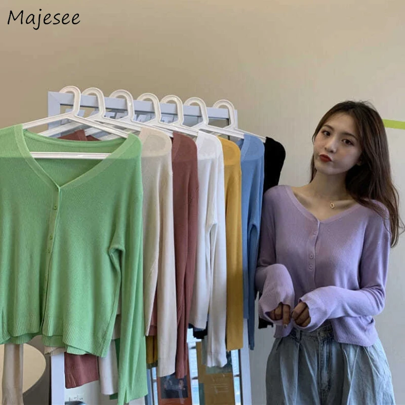 

Cardigan Women Straight Spring Streetwear V-neck BF Button Simple 8 Various Colors Lovely Female Chandails Harajuku All-match