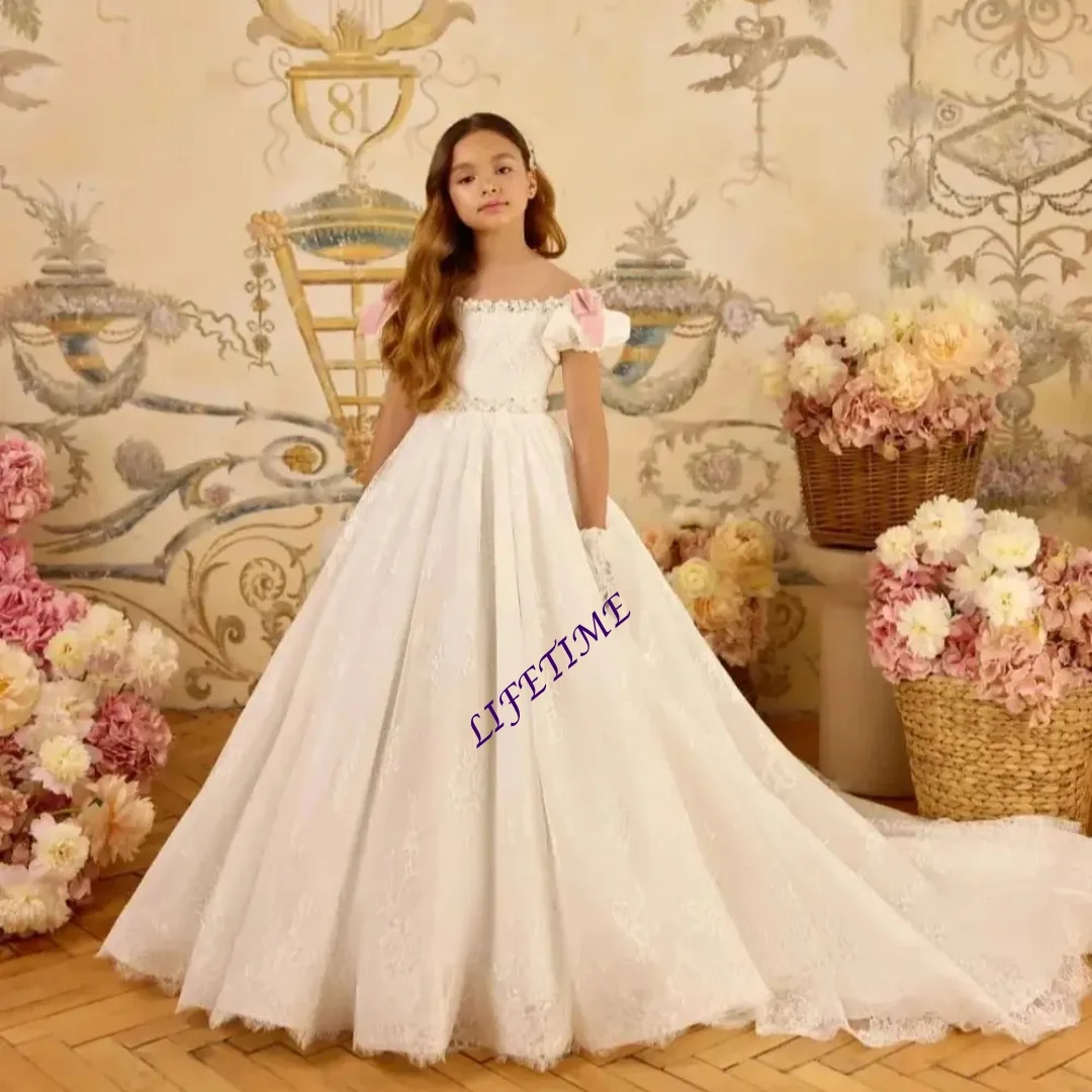 Maßgeschneidertes Prinzessinnen-Blumenmädchenkleid Hochzeit Spitze 3D-Blumen mit Schleife Kinder Erstkommunion Brautjungfernkleid