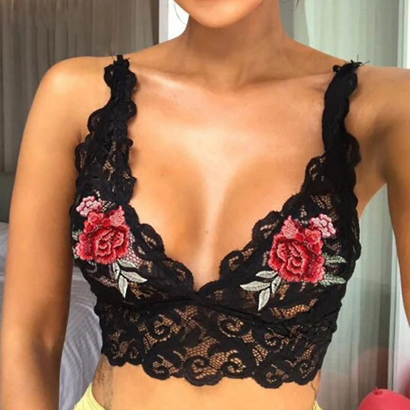 Women Sexy Lace Bra Rose Embroidery Underwear Deep V Hot Erotic Underwear Hollow Lingerie Seamless Bralette Crop Top Sensual