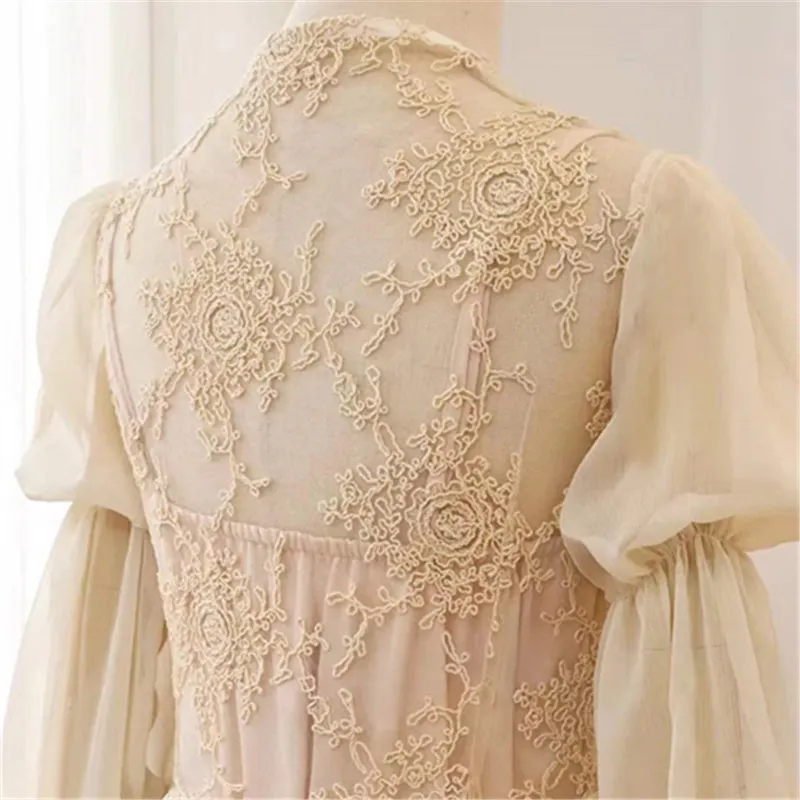 Bride Lace Mesh Bathrobe Wedding Nighty Gown Women Long Sleeve Sleepwear Sexy Nightgown Kimono Robe Summer New Nightwear