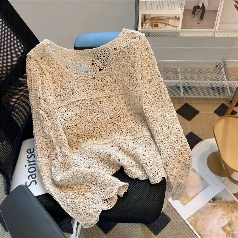 French Light Luxury Hollow Out Hook Flower Tops 2024 Women Spring Summer High Quality Linen Loose T Shirt X949