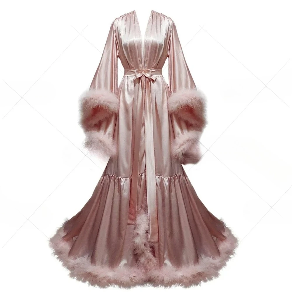 Bata de baño personalizada para mujer con mangas acampanadas, bata nupcial de plumas, camisón de seda, vestido largo de seda para boda, vestido de fotografía