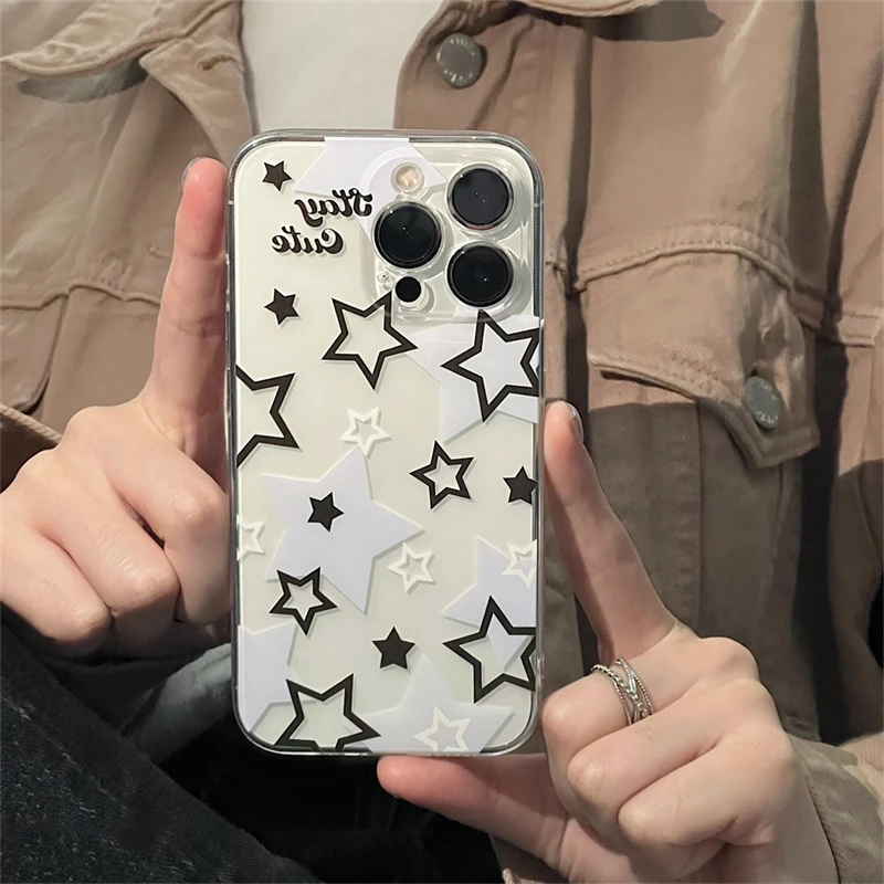 Korean Cute Y2k Star Transparent Phone Case For iPhone 15 14 13 12 11 Pro Max X XR 7 8Plus SE Lovely Shockproof Soft Cover Funda