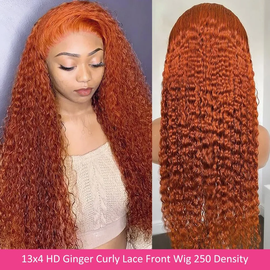 Orange Ginger 13x6 Hd Transparent Lace Frontal Wigs Water Wave Human Hair Colored Curly 30 Inch Choice For Women 100% Brazilian