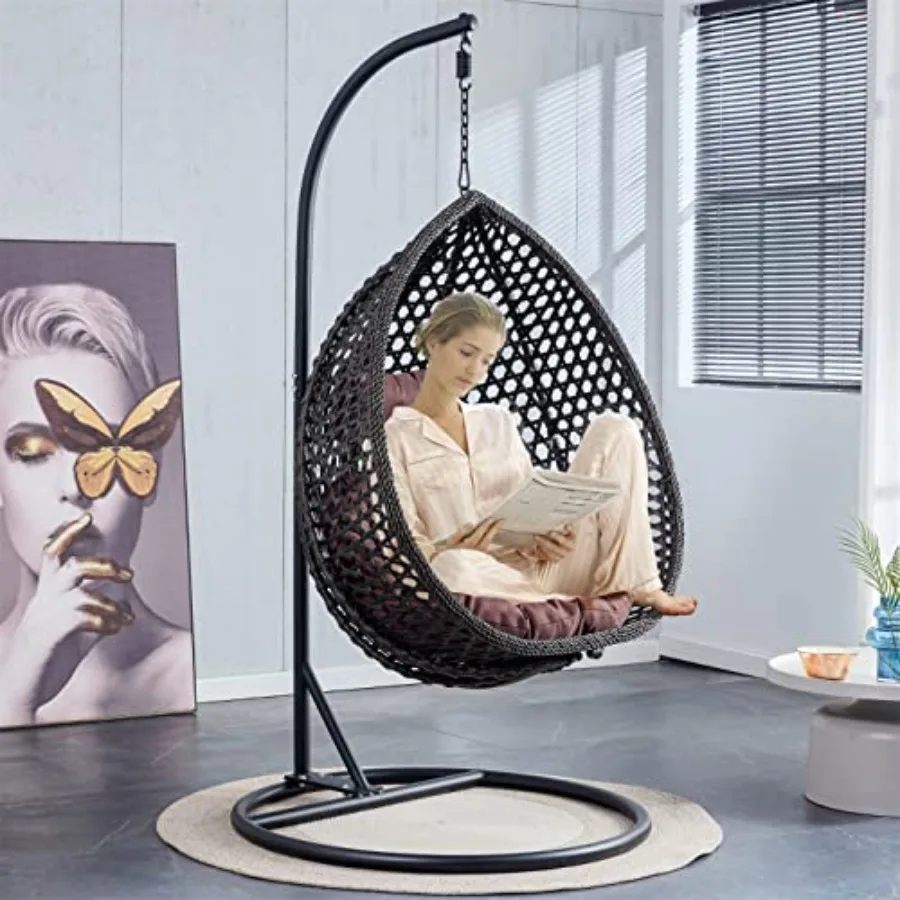 

Egg Swing Chair with Stand Rattan Hanging Egg Chair with Cushions and Pillow Relaxing Chair Foldable Basket and Metal Stand Ind