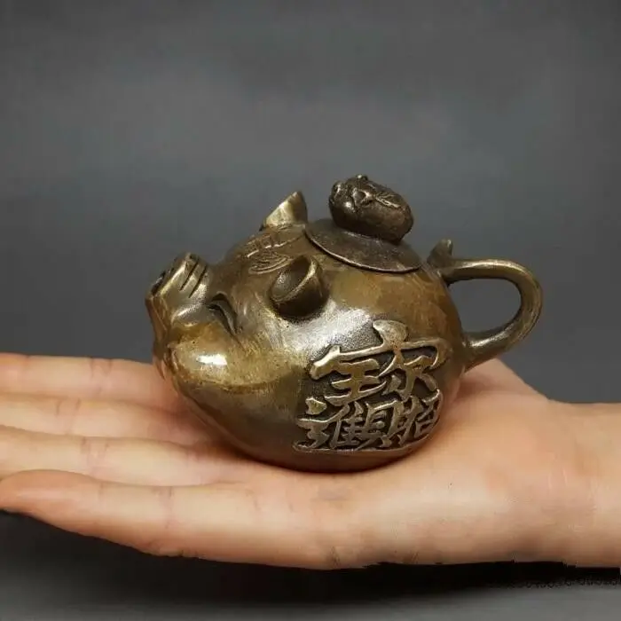 

Chinese Antique Bronze Zodiac Year Pig Bat Wealth Teapot