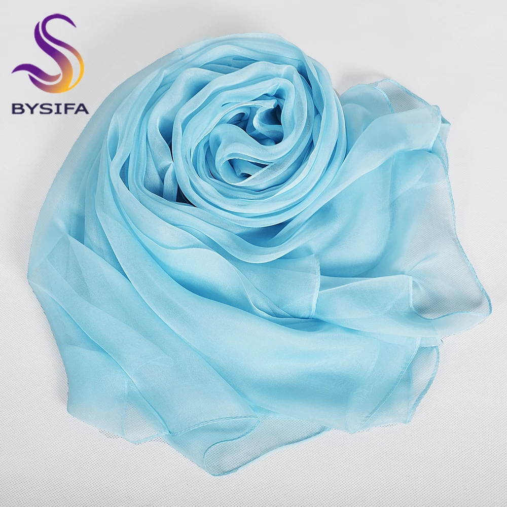 [BYSIFA] Light Blue Fall Winter 100% Silk Long Scarves Wraps Female Fashion Large Neck Scarf Shawl Spring Summer Silk Scarf Cape