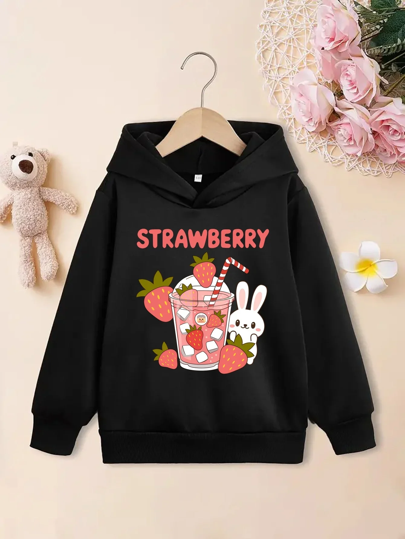 Sweet Strawberry Juice Kids Hoodie Cartoon Bunny Fruit Cup Lovely Kawaii Graphic Autumn Winter Fleece Soft Fashion Hoodie